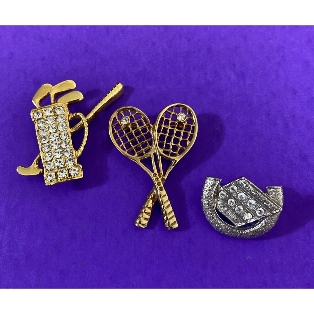 Lot of 3 Vintage Brooch Pins, Rhinestone, Gold Tone, Silver Tone, Golf, Tennis